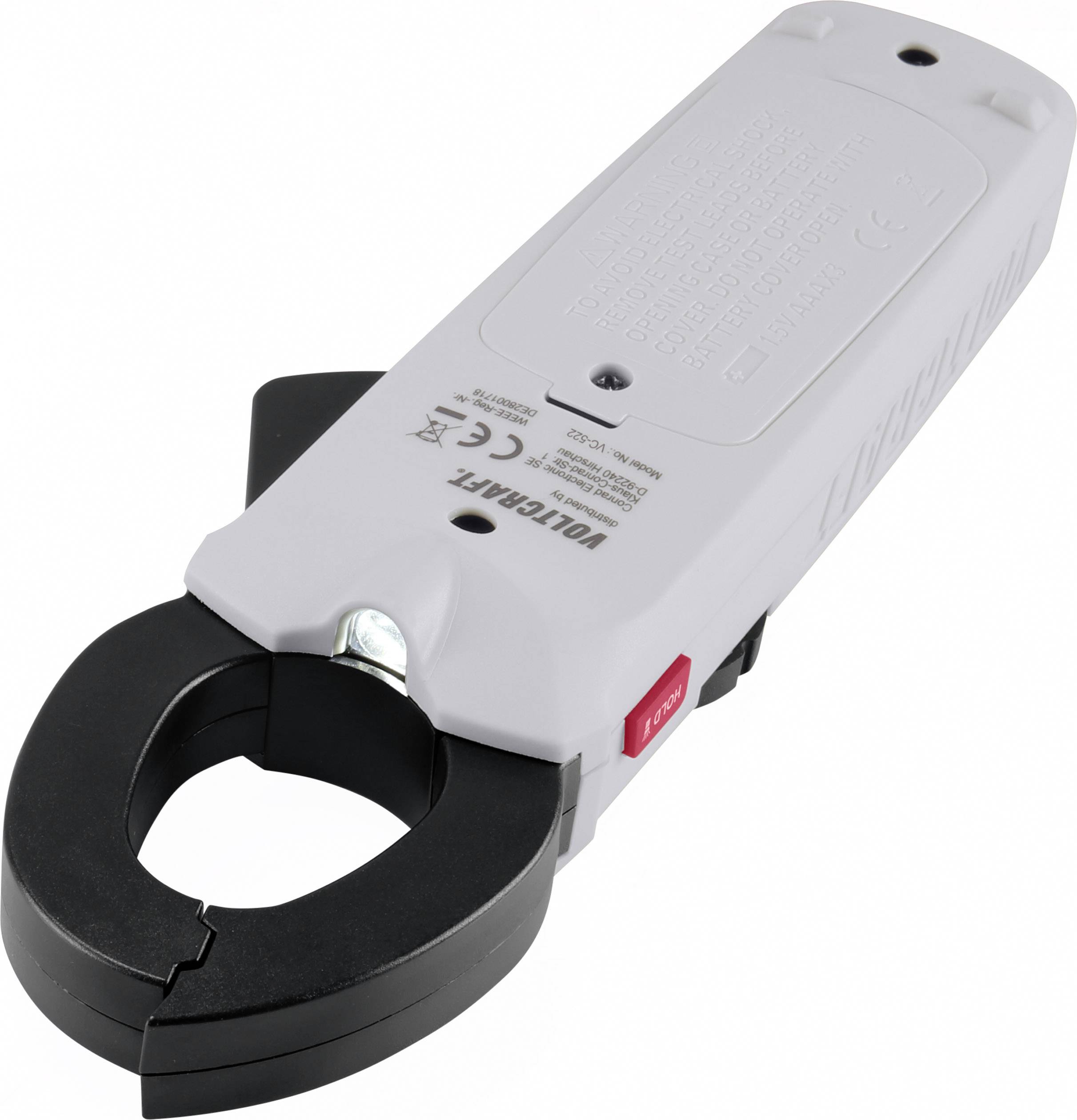 Das Bild zeigt eine graue Stromzange mit einem roten Knopf an der Seite. Sie ist leicht geöffnet und hat ein LED-Licht oben.