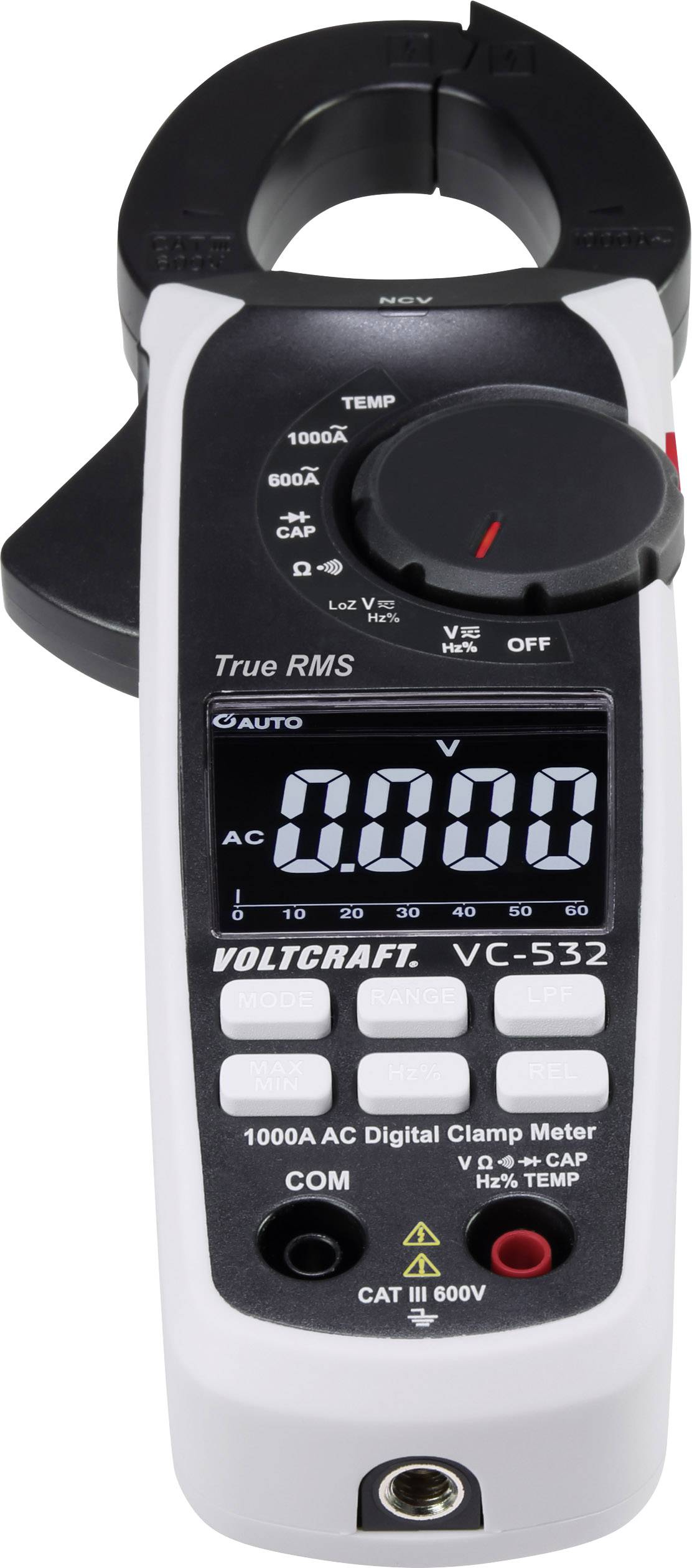 Digitales Zangenmessgerät mit Anzeige von '0.000' für Spannung und Strommessung. Model 'Voltcraft VC-532', geeignet für bis zu 1000A.