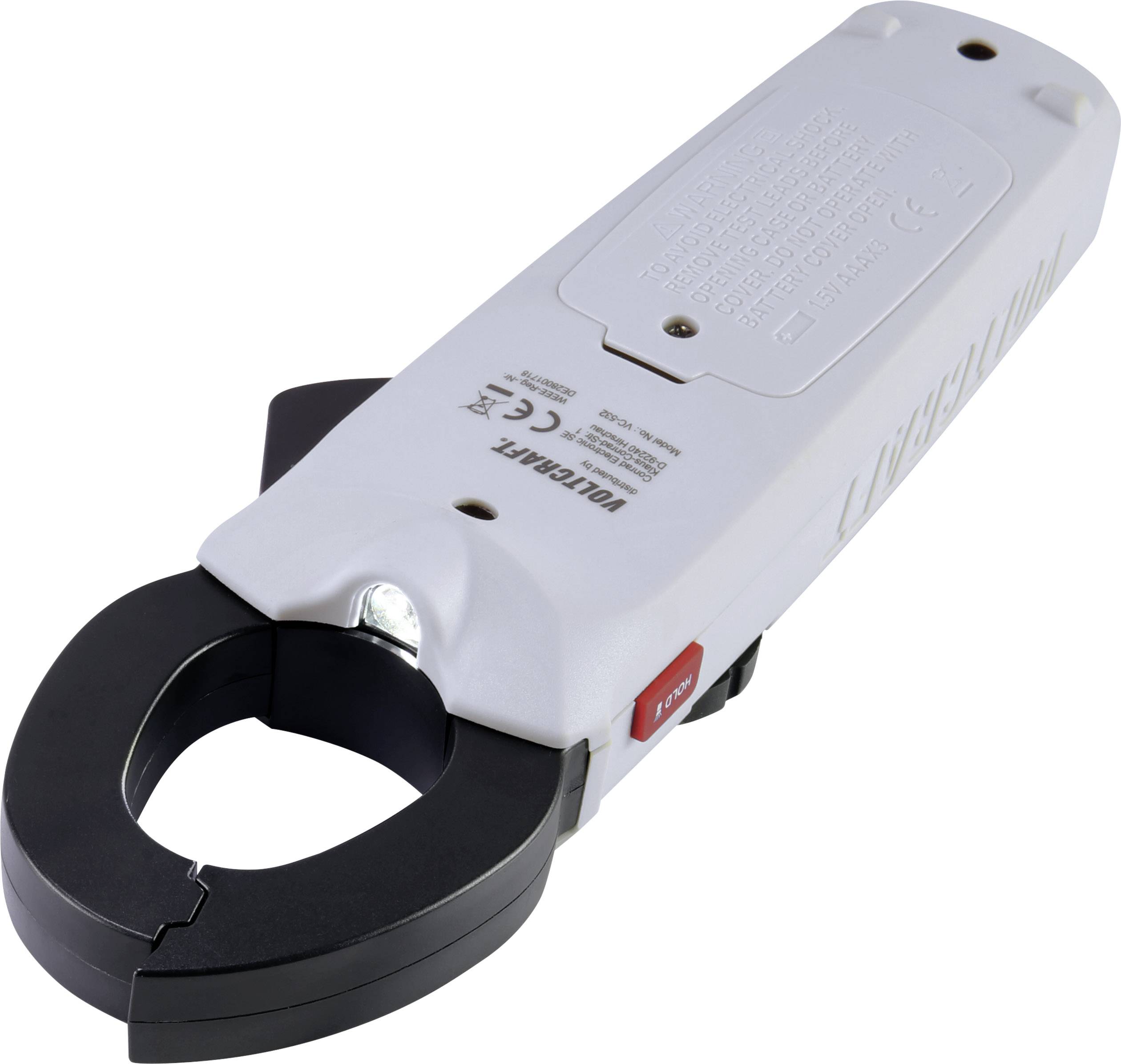 Ein weißes Stromzangenmessgerät mit einem schwarzen Greifarm zur Strommessung, abgebildet auf einem weißen Hintergrund.