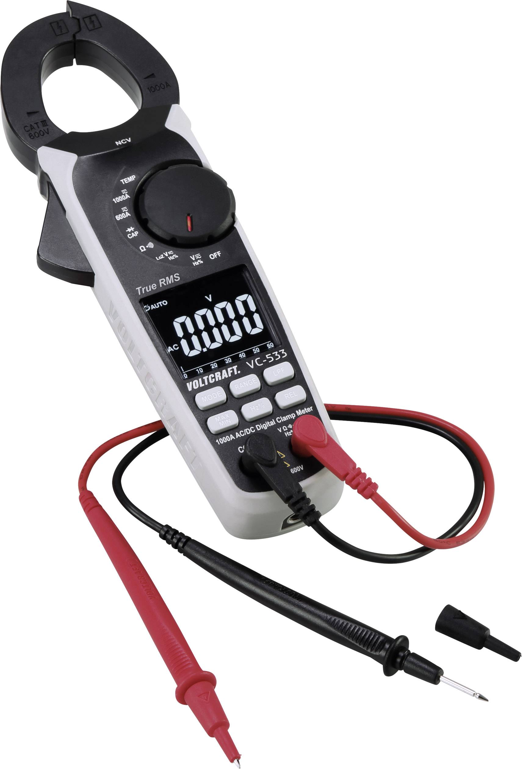 Digitales Multimeter mit Klemmsensor und zwei Messleitungen, rot und schwarz, zur Strom- und Spannungsmessung.