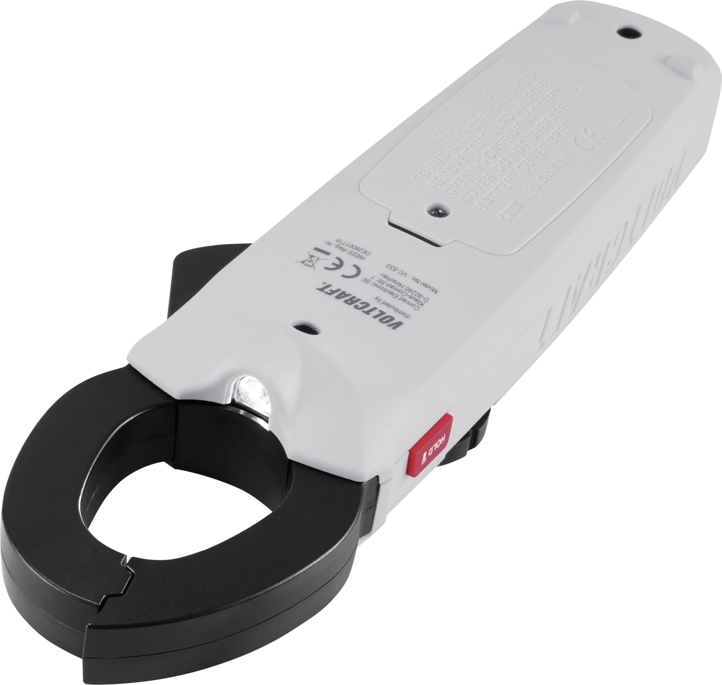 Ein elektrisches Prüfgerät mit Greifzange, das zur Messung von Stromstärken in Kabeln verwendet wird, auf einem weißen Hintergrund.