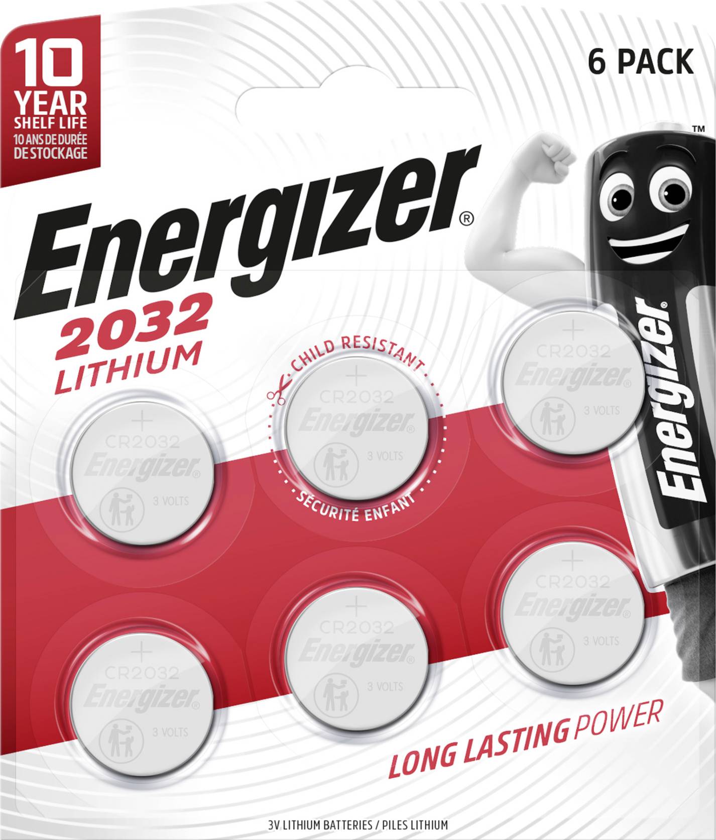 Sechs-Packung Energizer 2032 Lithium-Batterien. Text auf der Verpackung: '10 Year Shelf Life', 'Child Resistant', 'Long Lasting Power'.