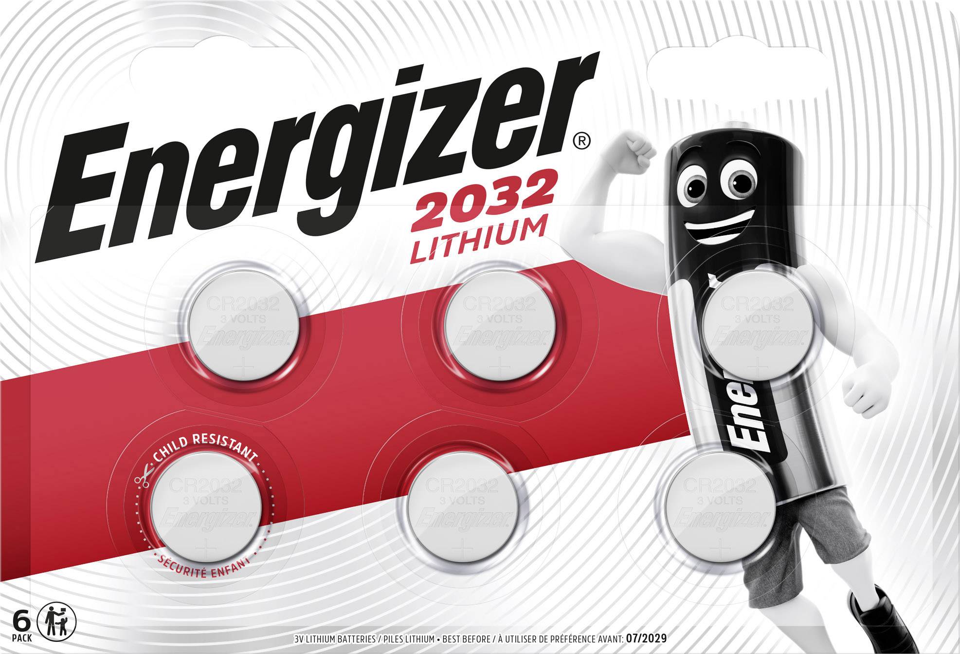Eine Packung mit sechs Lithium-Knopfzellen der Marke Energizer, Typ 2032. Auf der Verpackung ist ein animierter Charakter abgebildet.