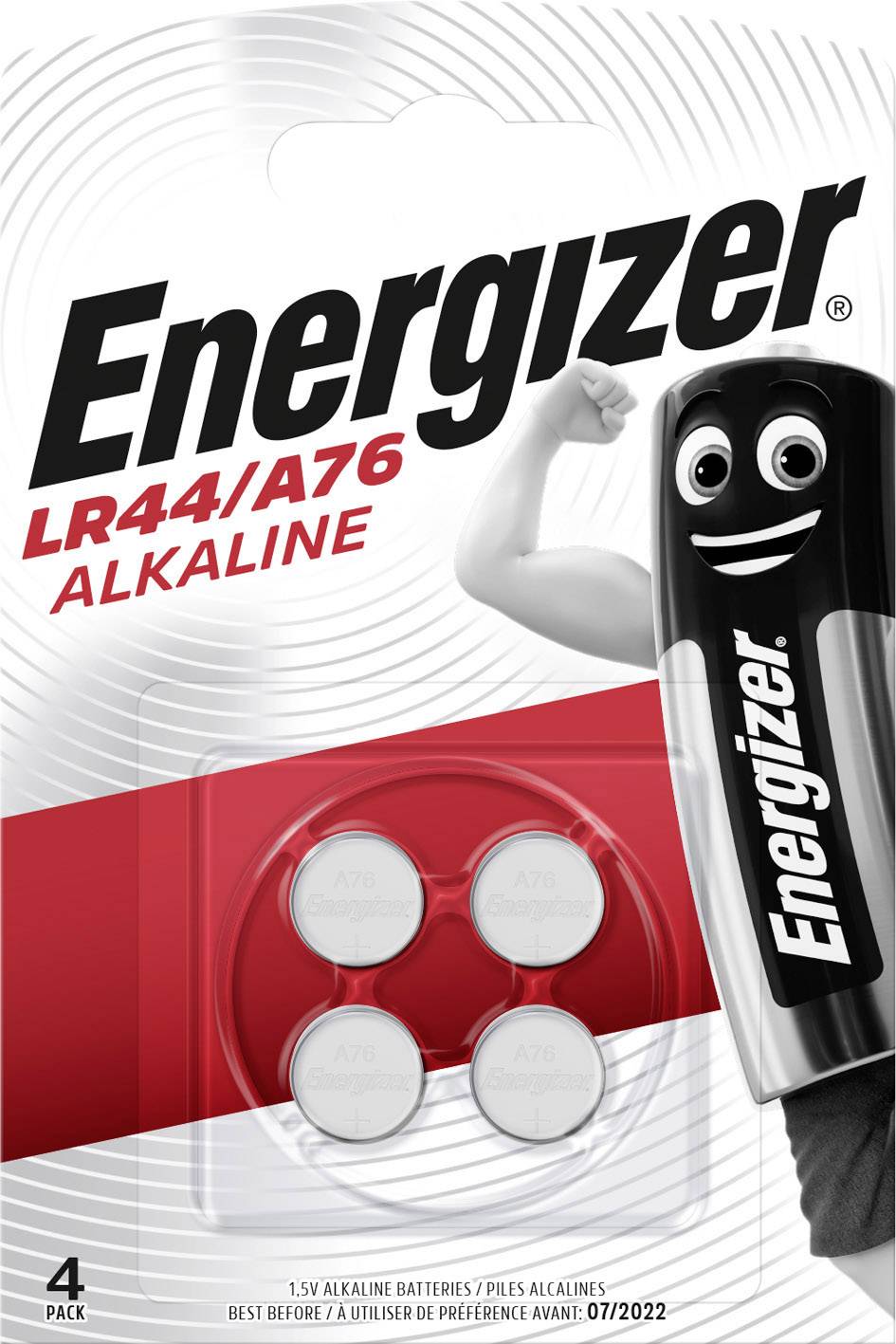 Verpackung von Energizer LR44/A76 Alkaline-Knopfzellen, 4er-Pack.