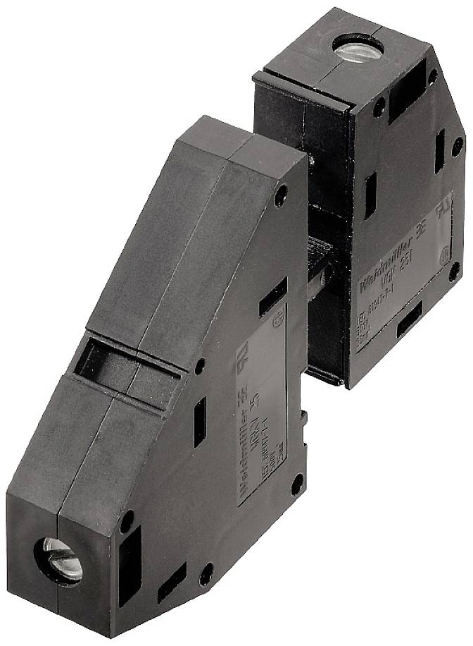 Ein schwarzes, kastenförmiges elektrisches Bauteil mit mehreren Öffnungen; möglicherweise eine Sicherungshalterung oder ein Schalter.