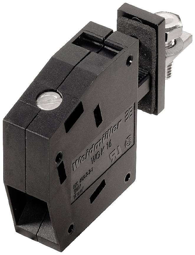 Schwarzer Stromwandler WG16 in seitlicher Ansicht. Wird in elektrischen Schaltungen zur Messung oder Überwachung von Strömen verwendet.