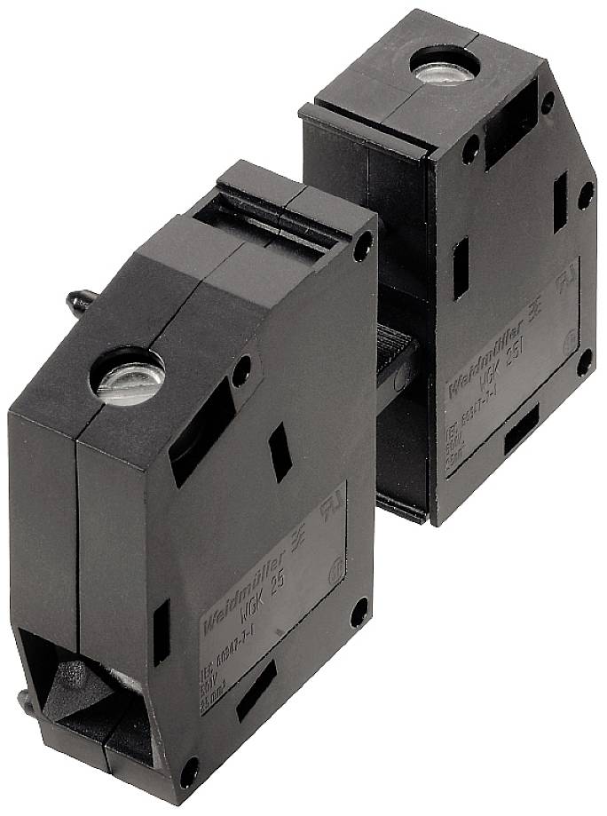 Zwei schwarze elektronische Bauteile nebeneinander, vermutlich Sicherungsautomaten, mit sichtbaren Anschlüssen und Gehäusemarkierungen.