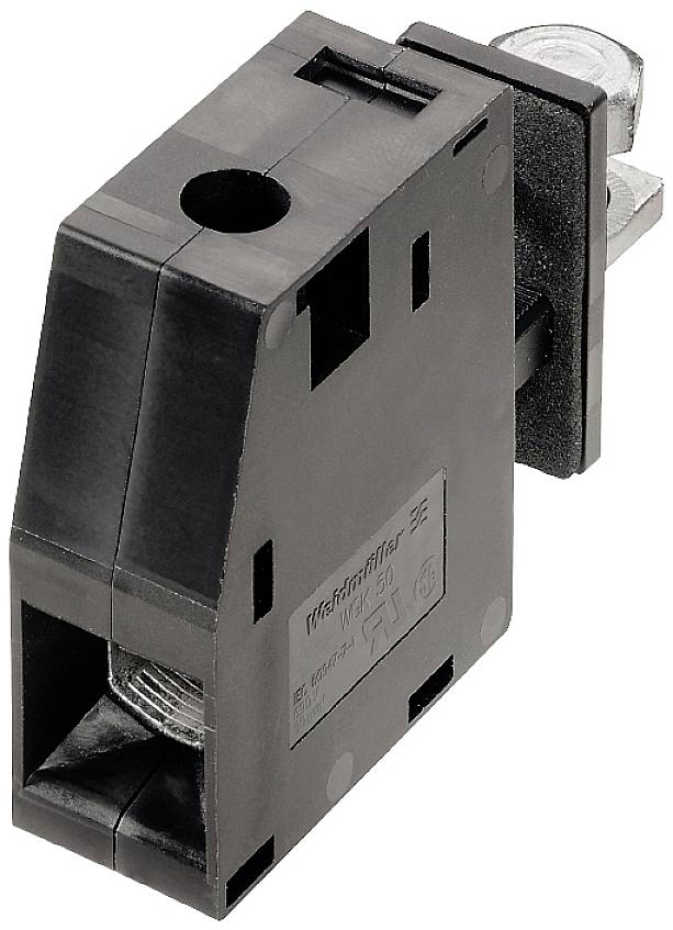 Ein schwarzer elektrischer Sicherungsautomat in einer rechteckigen Form mit metallischen Anschlüssen, verwendet für den Überstromschutz.