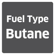 'Fuel Type Butane' steht auf einem grauen, quadratischen Schild in schwarzer Schrift.