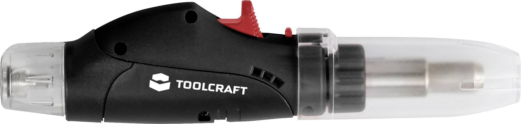 Elektrischer Gaslötkolben von TOOLCRAFT mit schwarzem Griff und rotem Schalter. Transparentes Gehäuse zeigt interne Mechanismen.