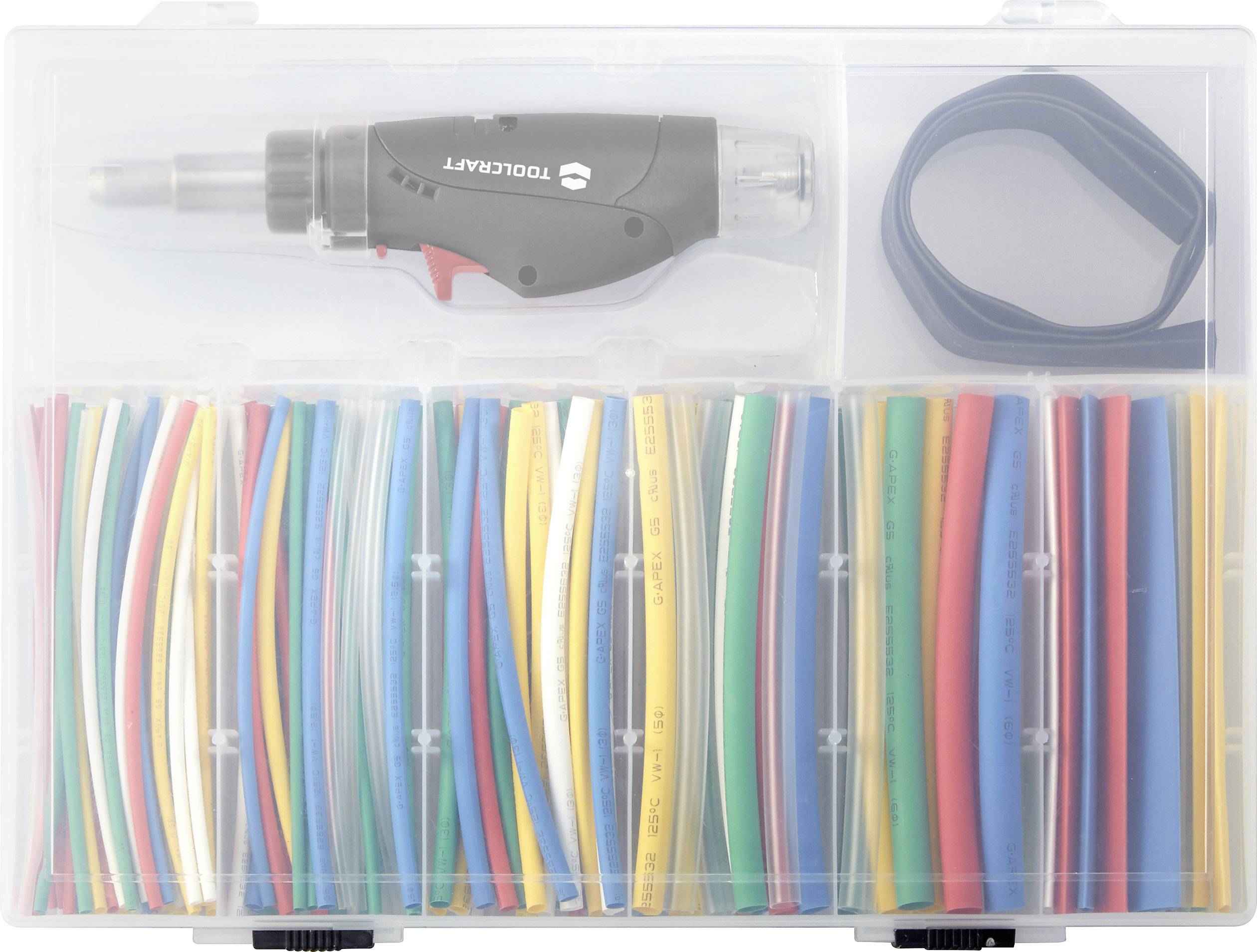 Ein Set mit einem elektrischen Werkzeug und verschiedenfarbigen Kabelschläuchen in einem transparenten Kunststoffbehälter.