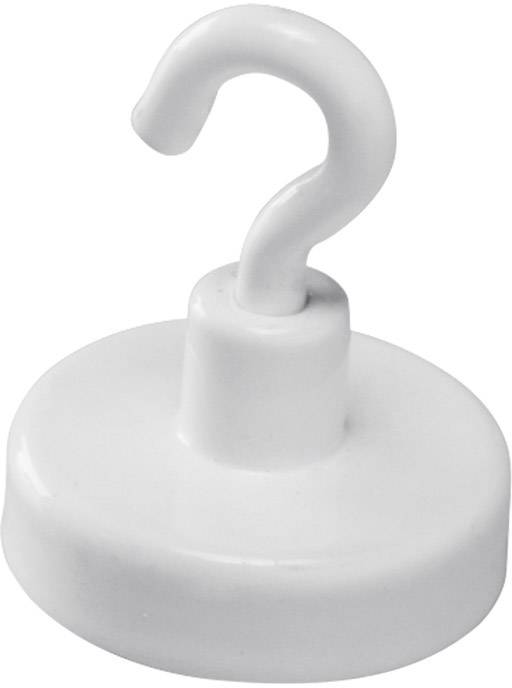 Ein weißer, magnetischer Haken in Form eines Fragezeichens auf einer glatten Oberfläche.