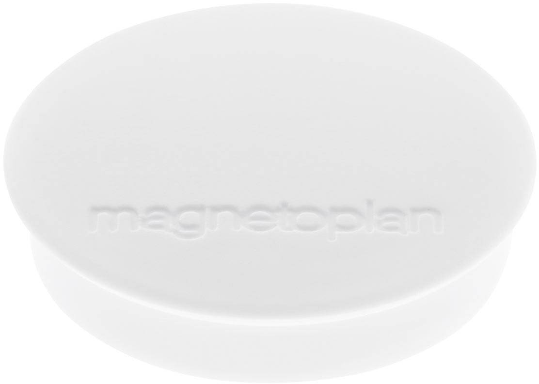 Weißer, runder Acryl-Magnet mit eingeprägtem 'magnetoplan'-Logo.