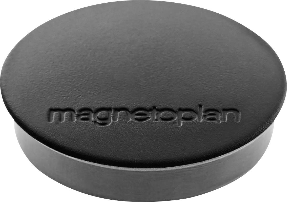 Ein runder Magnet in schwarzer Farbe mit der Prägung 'magnetoplan' auf der Oberfläche. Ideal zur Befestigung von Dokumenten.