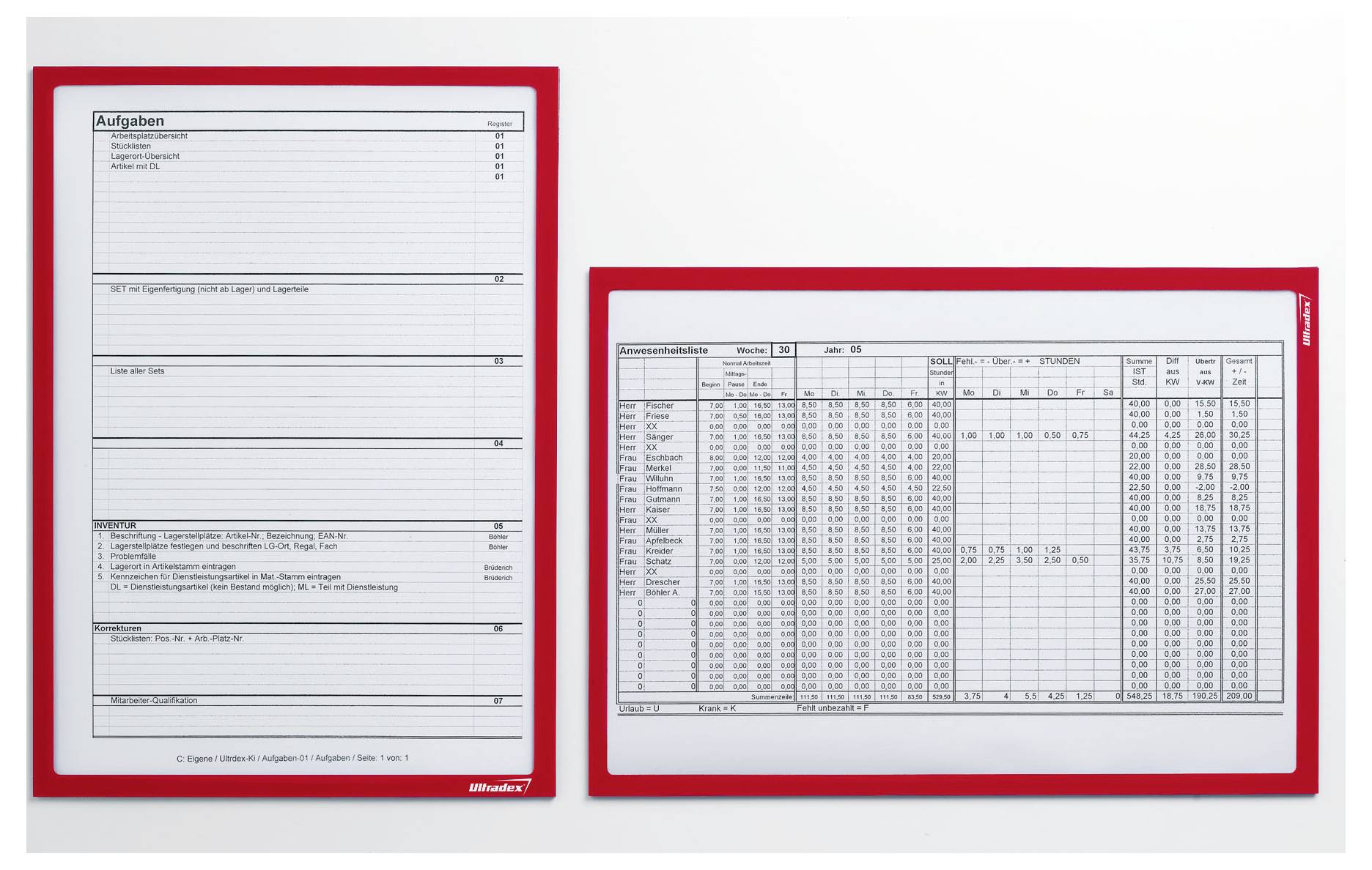 Zwei Dokumente in roten Rahmen: eine einzelne Seite mit Kategorien, die mit 