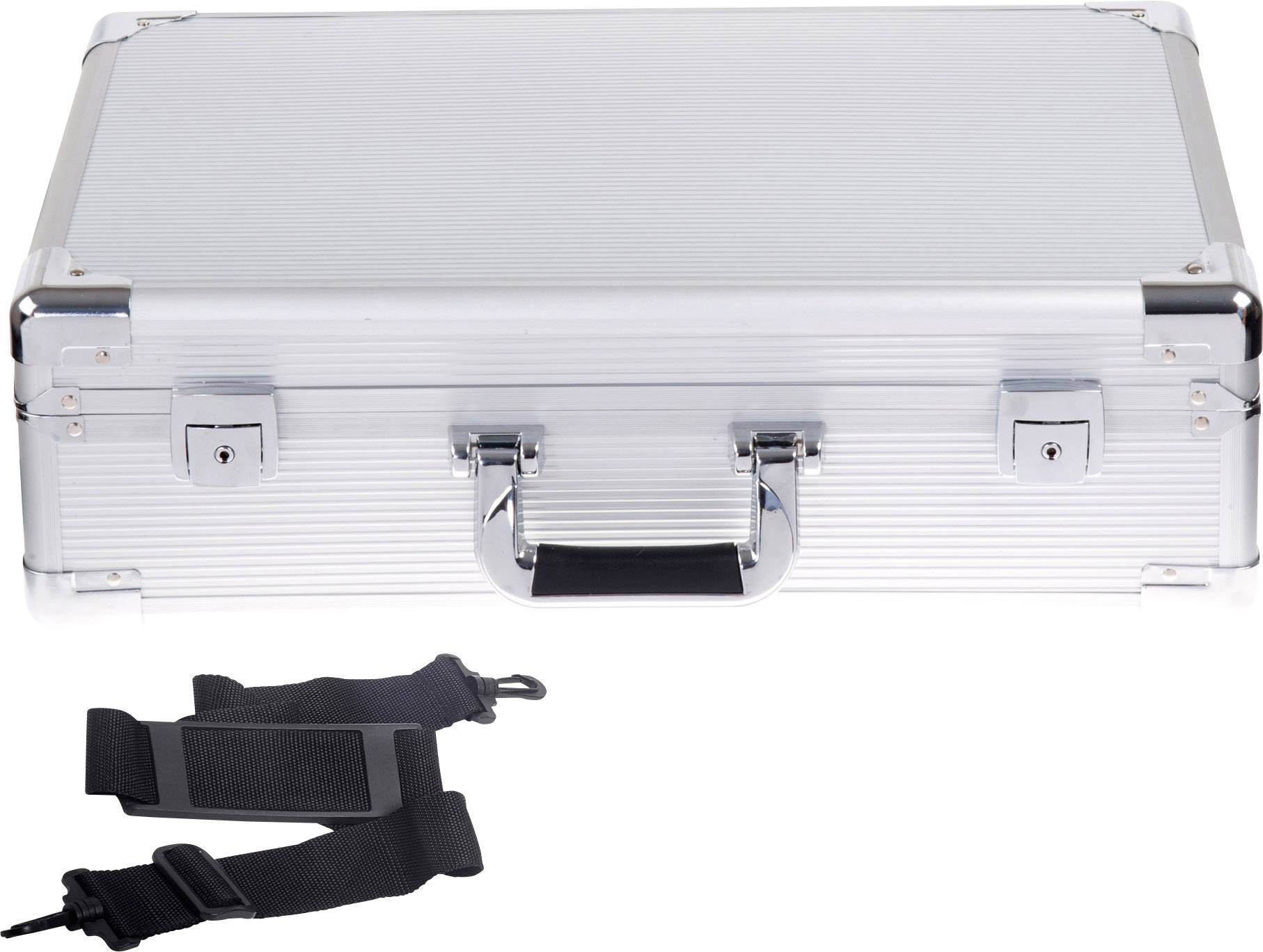 Silberner Metallkoffer mit schwarzem Griff und seitlichem Gurtriemen.
