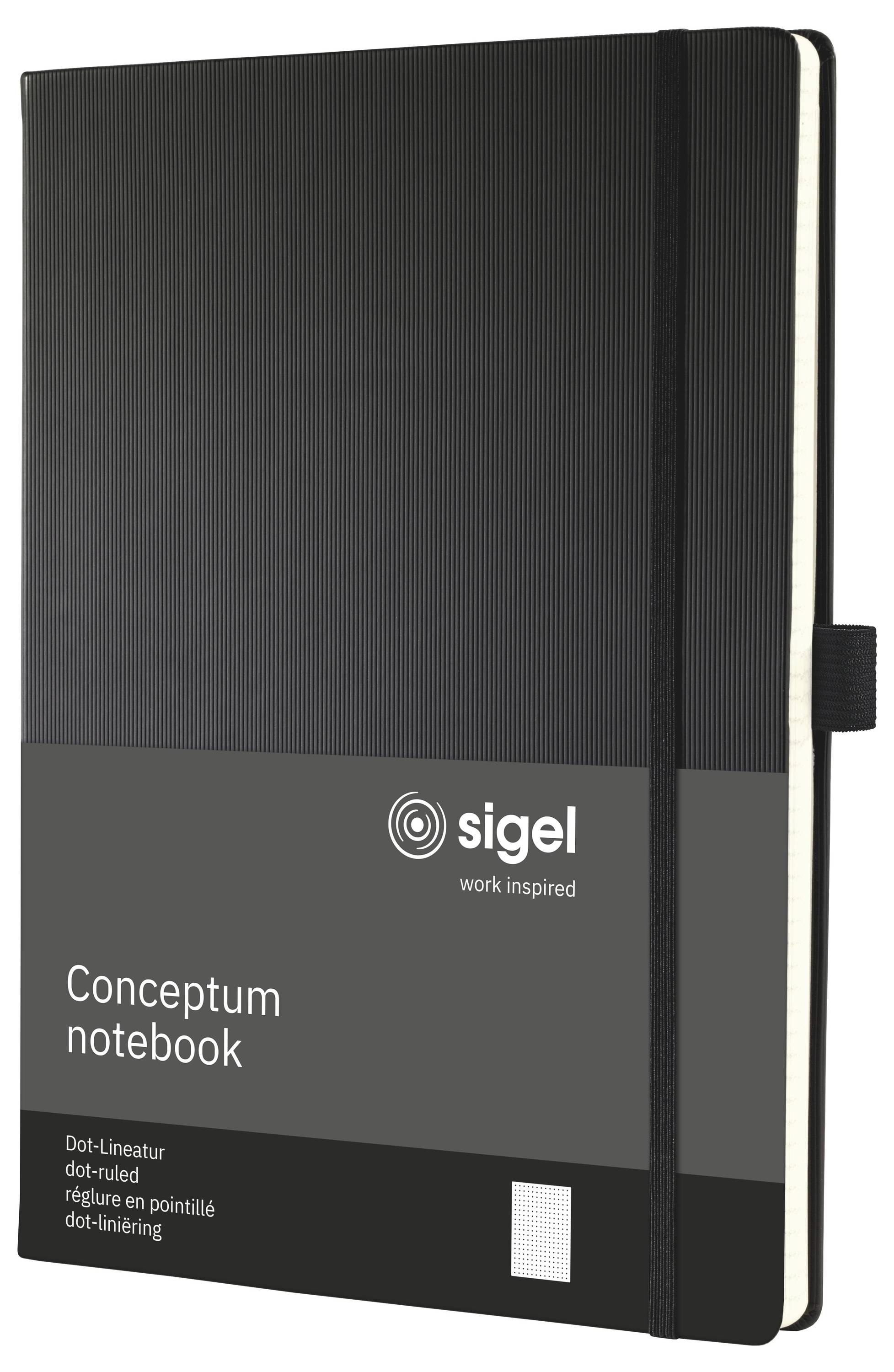 Ein schwarzes Sigel 'Conceptum Notizbuch' mit grauem Etikett, elastischem Verschluss und Lineaturseiten, die an der rechten Kante sichtbar sind.