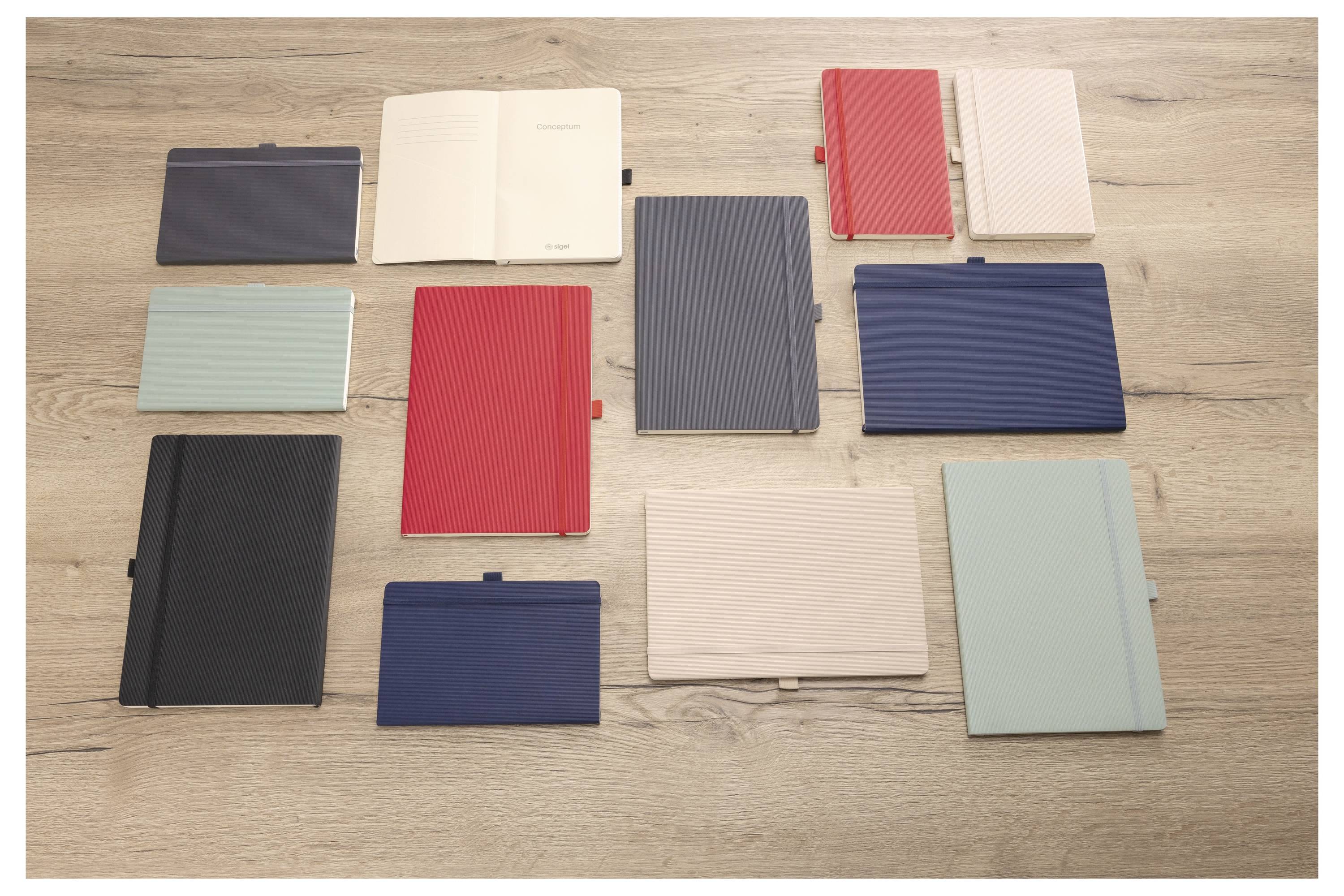 Sortierte farbenfrohe Notizbücher und Tagebücher, die ordentlich auf einem Holztisch angeordnet sind, von oben fotografiert.
