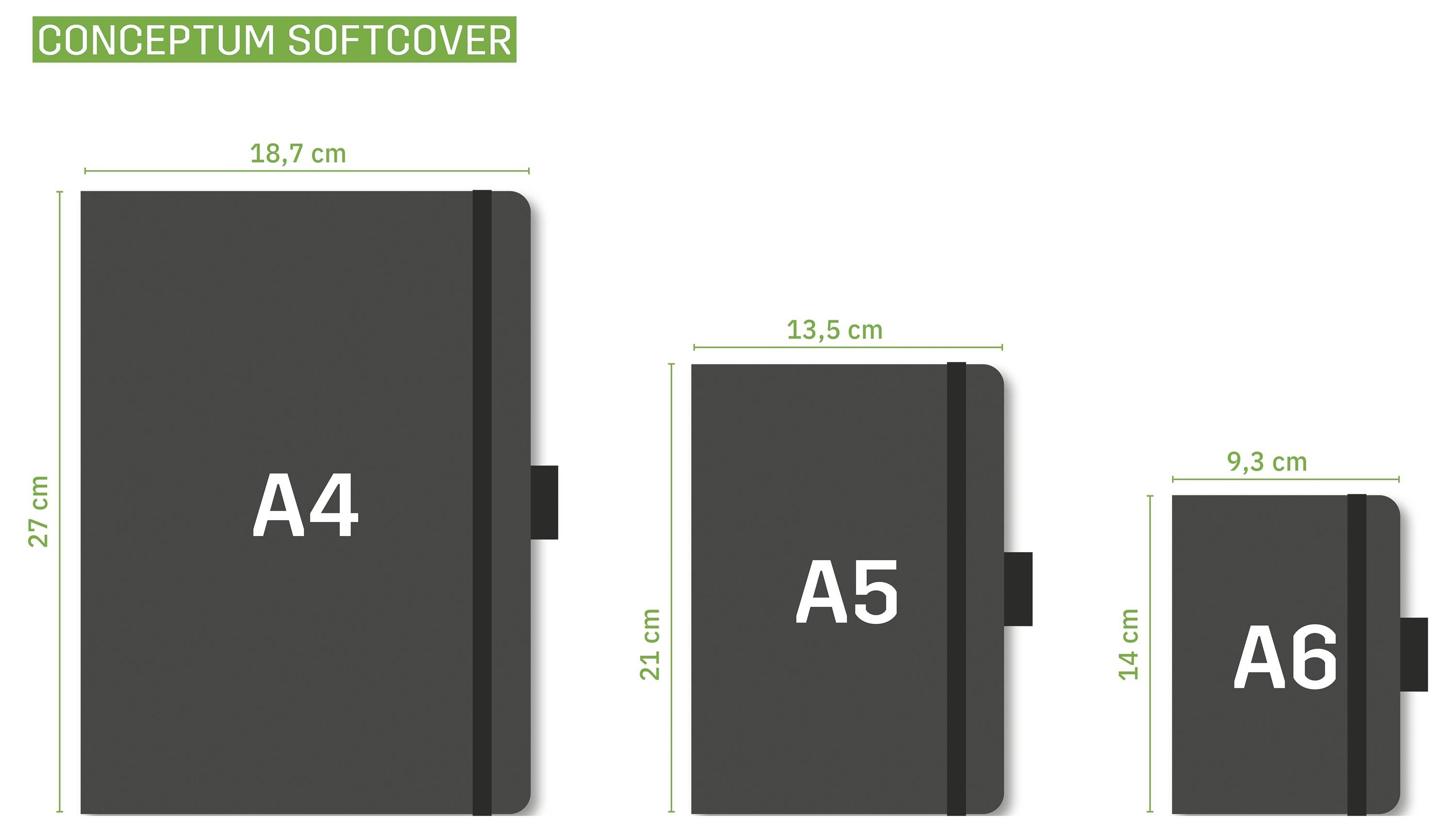 Diagramm zum Vergleich der Conceptum Softcover-Notizblöcke in den Größen A4, A5 und A6 mit Abmessungen in cm: 18,7 x 27, 13,5 x 21 und 9,3 x 14.