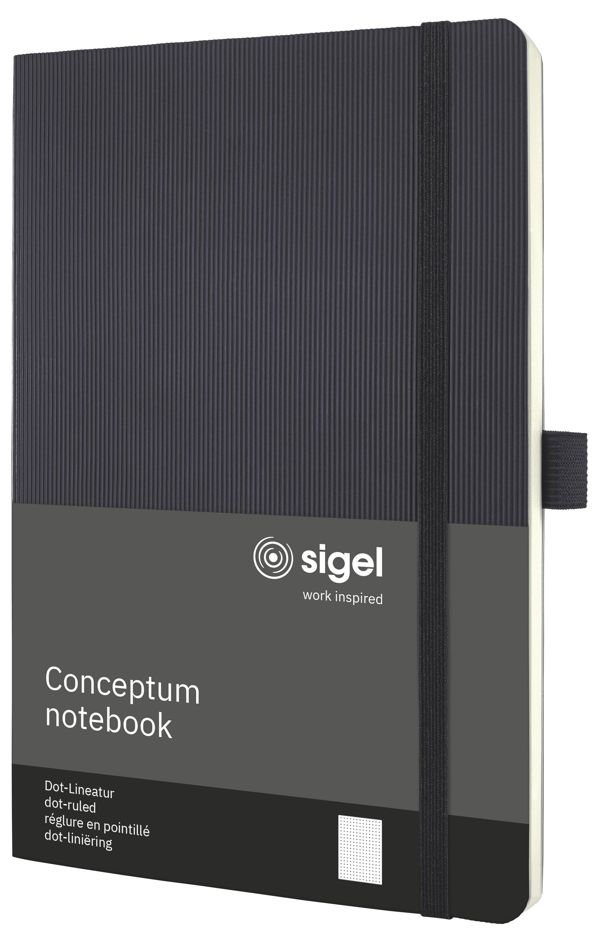Schwarzes Sigel Conceptum Notizbuch mit Gummibandverschluss und liniertem Einband, frontal gezeigt mit „work inspired