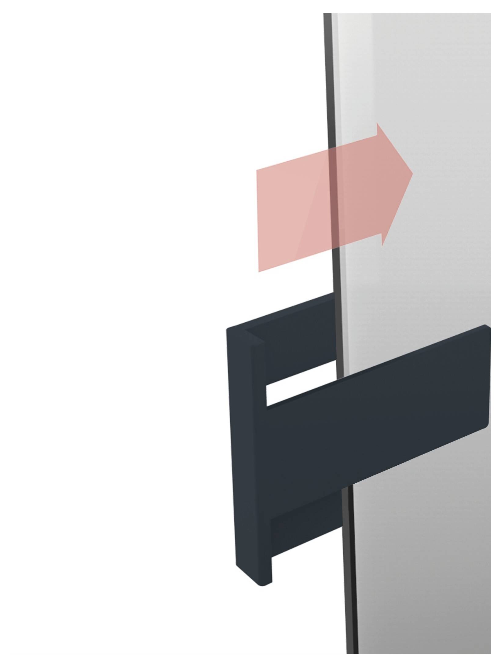 Nahaufnahme einer dunklen wandmontierten Klammer oder eines Scharniers, das an einem vertikalen Panel befestigt ist, mit einem roten Pfeil, der nach rechts zeigt, um eine Bewegung oder Richtung anzuzeigen.