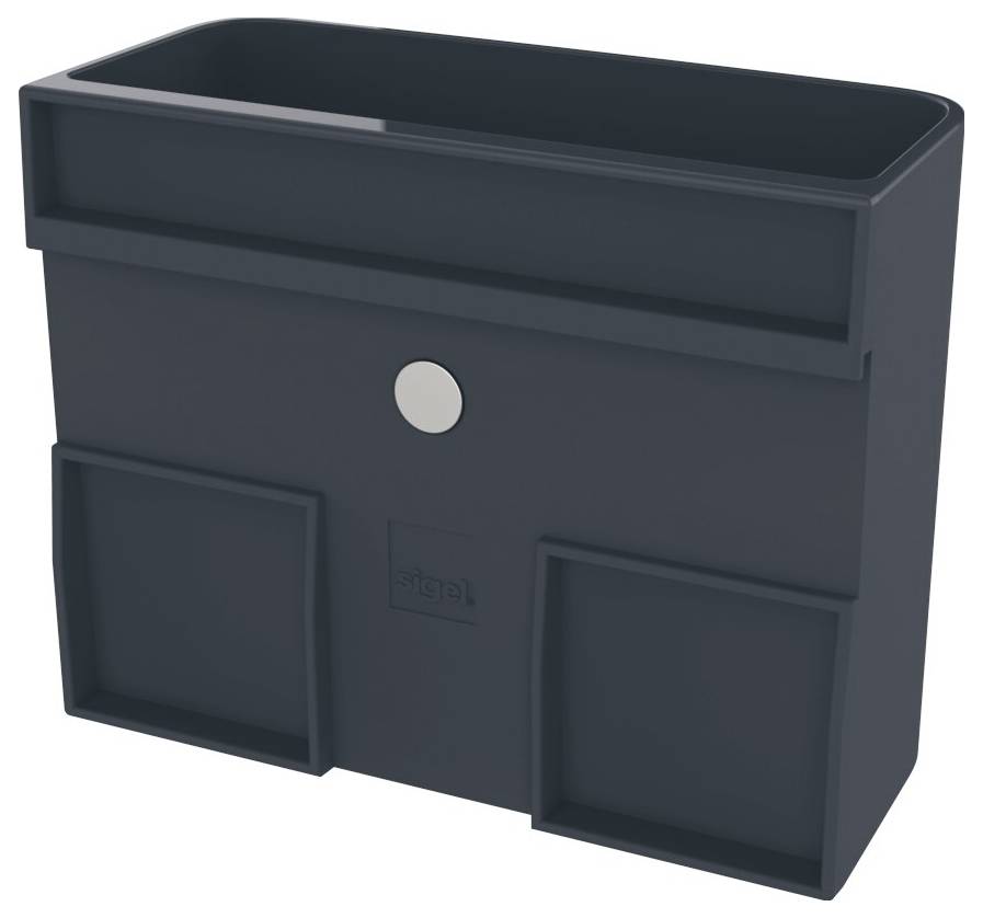 Dunkelgrauer rechteckiger, an der Wand montierter Utility-Box oder Pflanzkübel mit offener Oberseite, einer zentral angebrachten kreisförmigen Öffnung und zwei unteren vorderen Zugriffsplatten.
