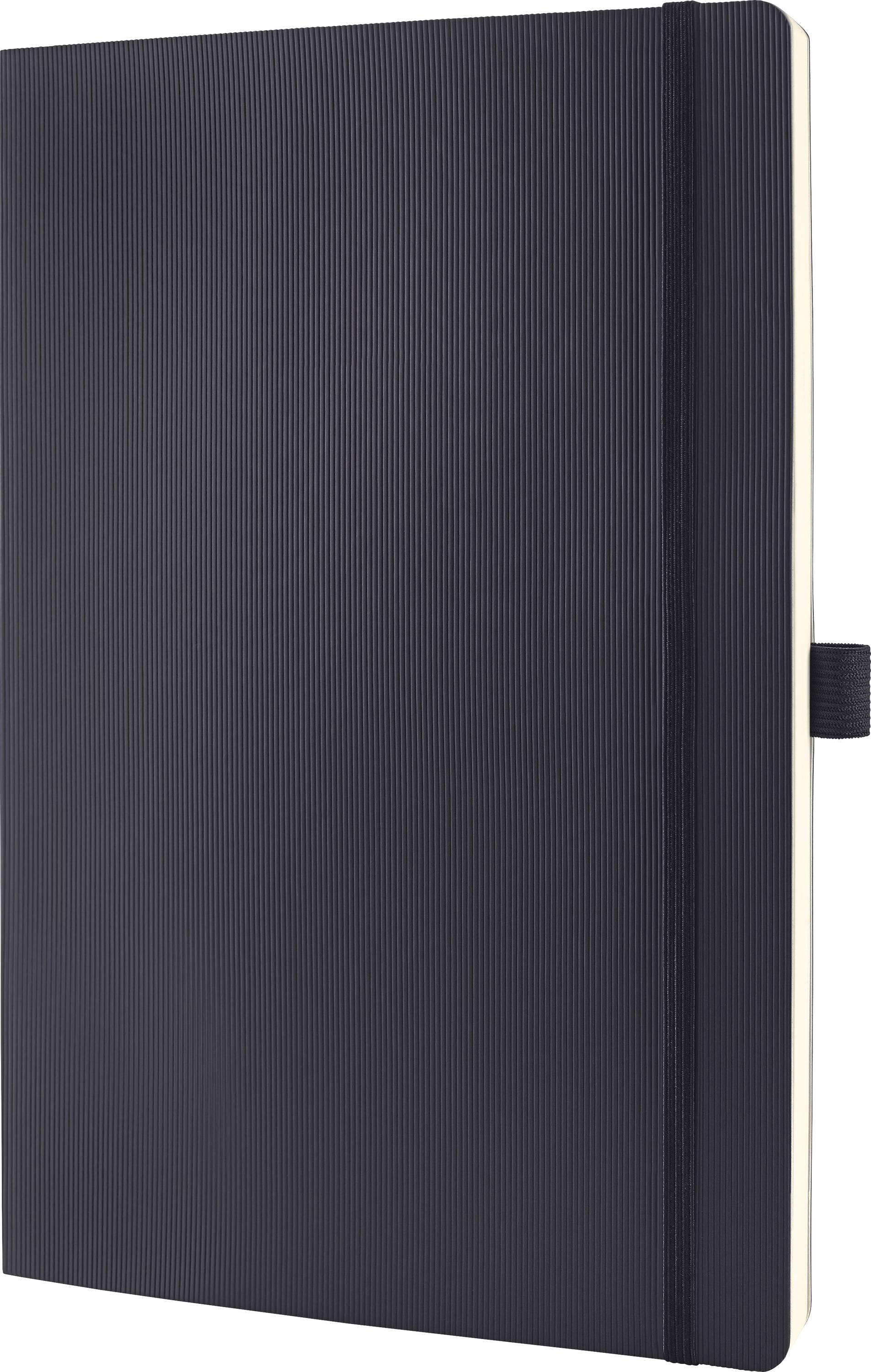 Schwarzes Hardcover-Notizbuch mit Gummiband-Verschluss, geschlossen auf weißem Hintergrund dargestellt.