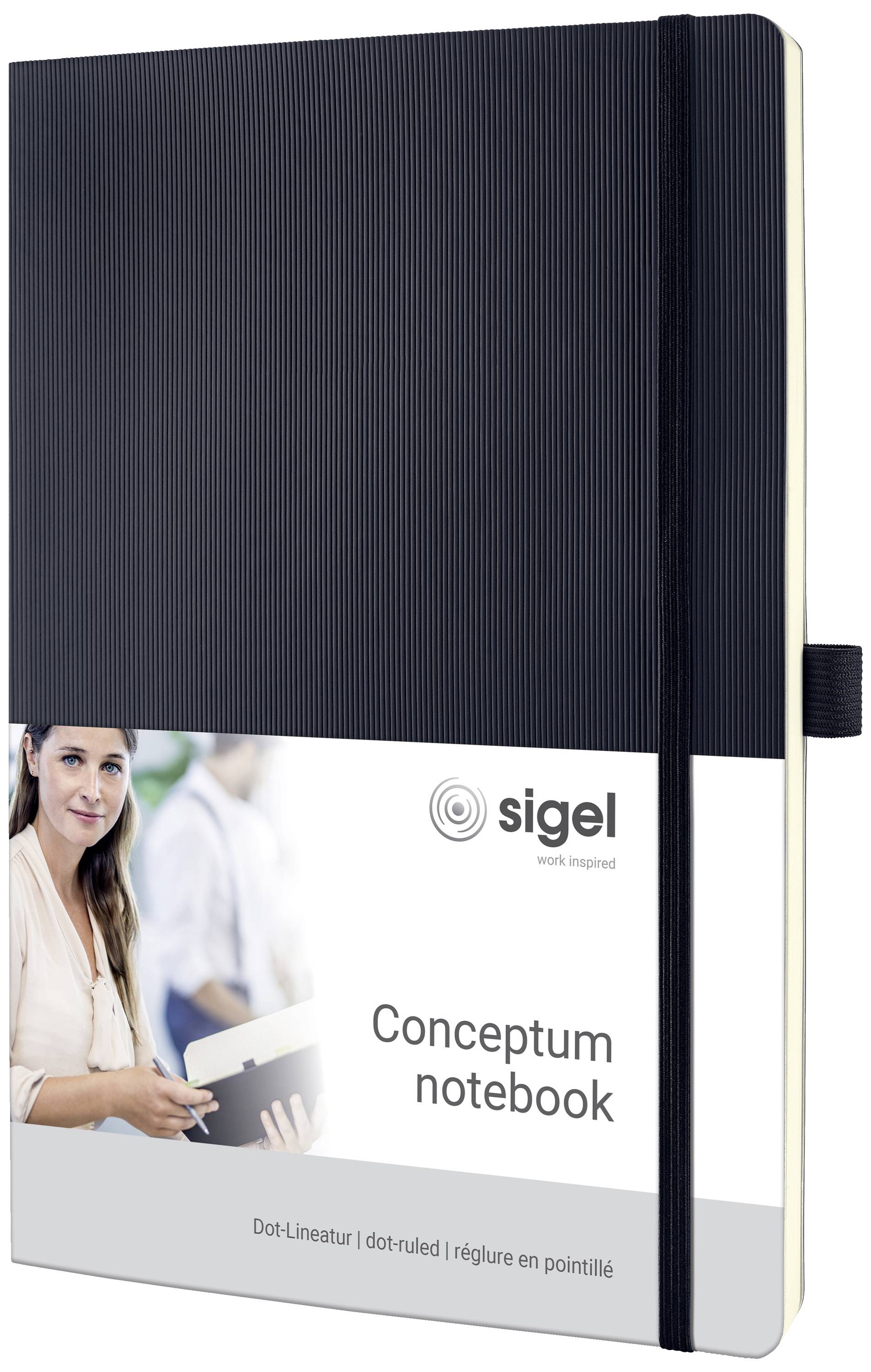 Schwarzes Notizbuch 'Conceptum' der Marke Sigel, mit elastischem Verschlussband und Stiftschlaufe. Auf dem Cover ist eine Frau abgebildet.