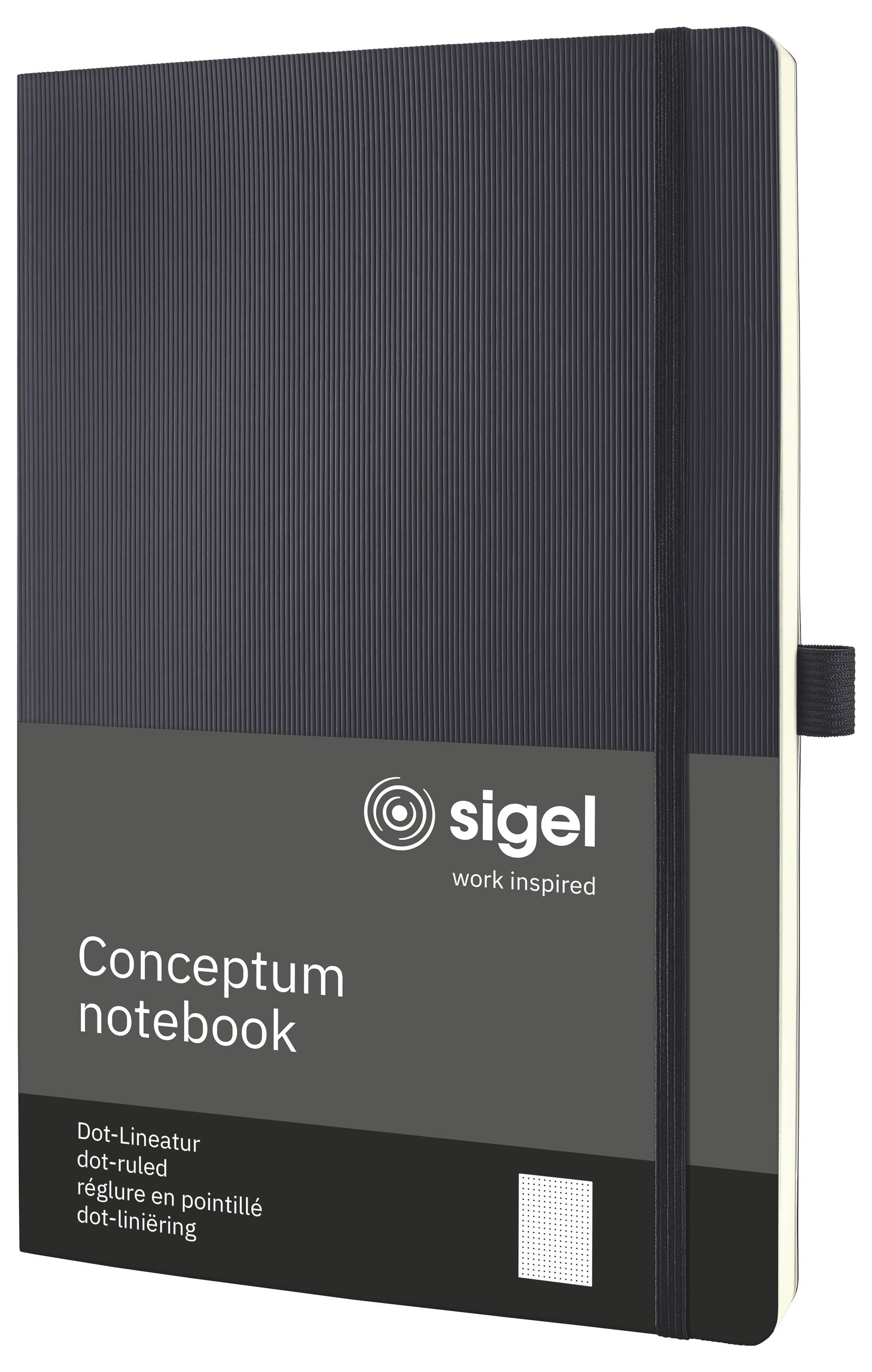Schwarzes Sigel Conceptum Notizbuch mit liniertem Papier und Gummiband, gezeigt als Produktcover-Bild.