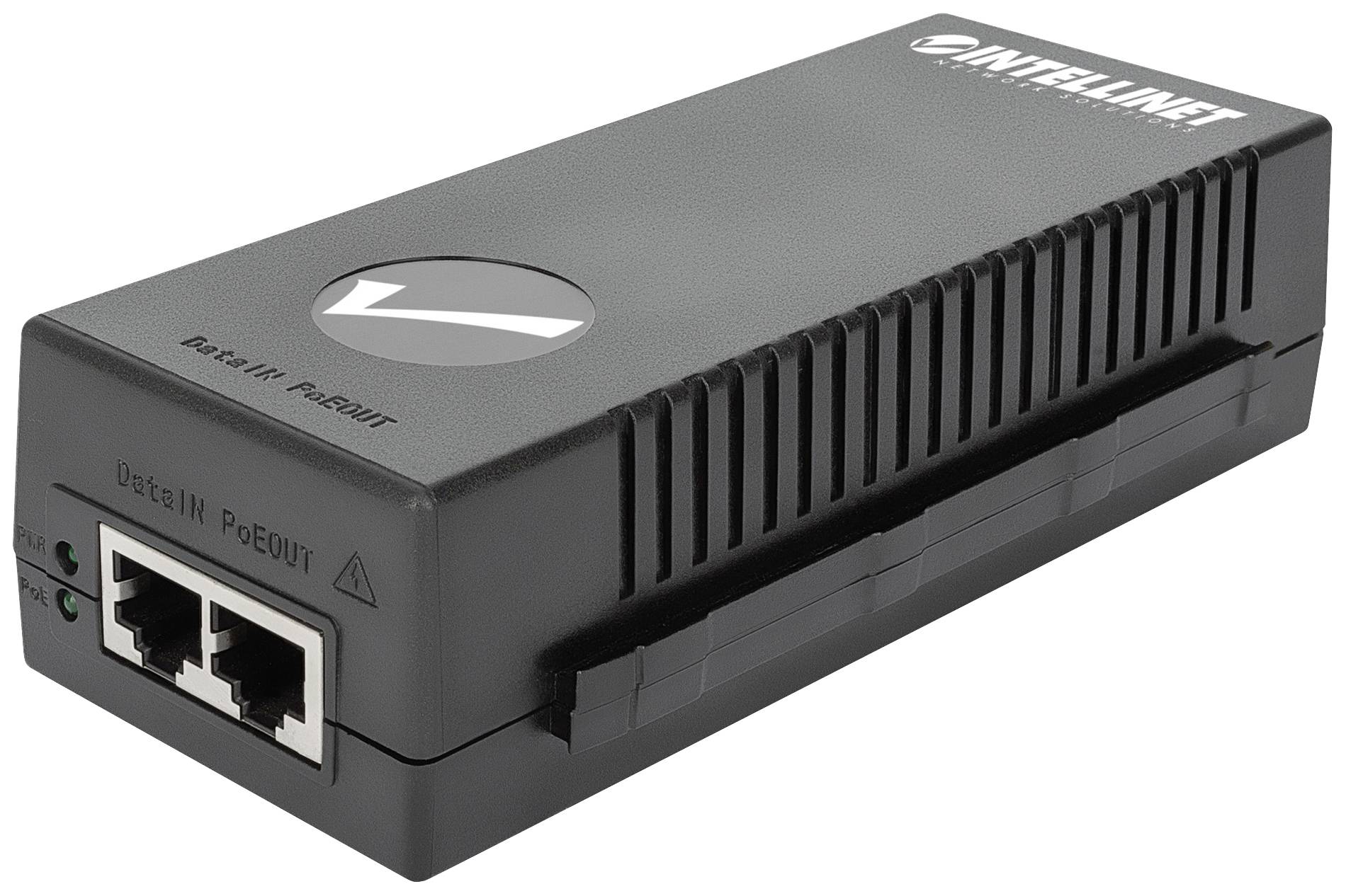 Ein schwarzer Power over Ethernet (PoE) Injektor mit zwei Ethernet-Anschlüssen und LED-Anzeigen, Marke INTELLINET.