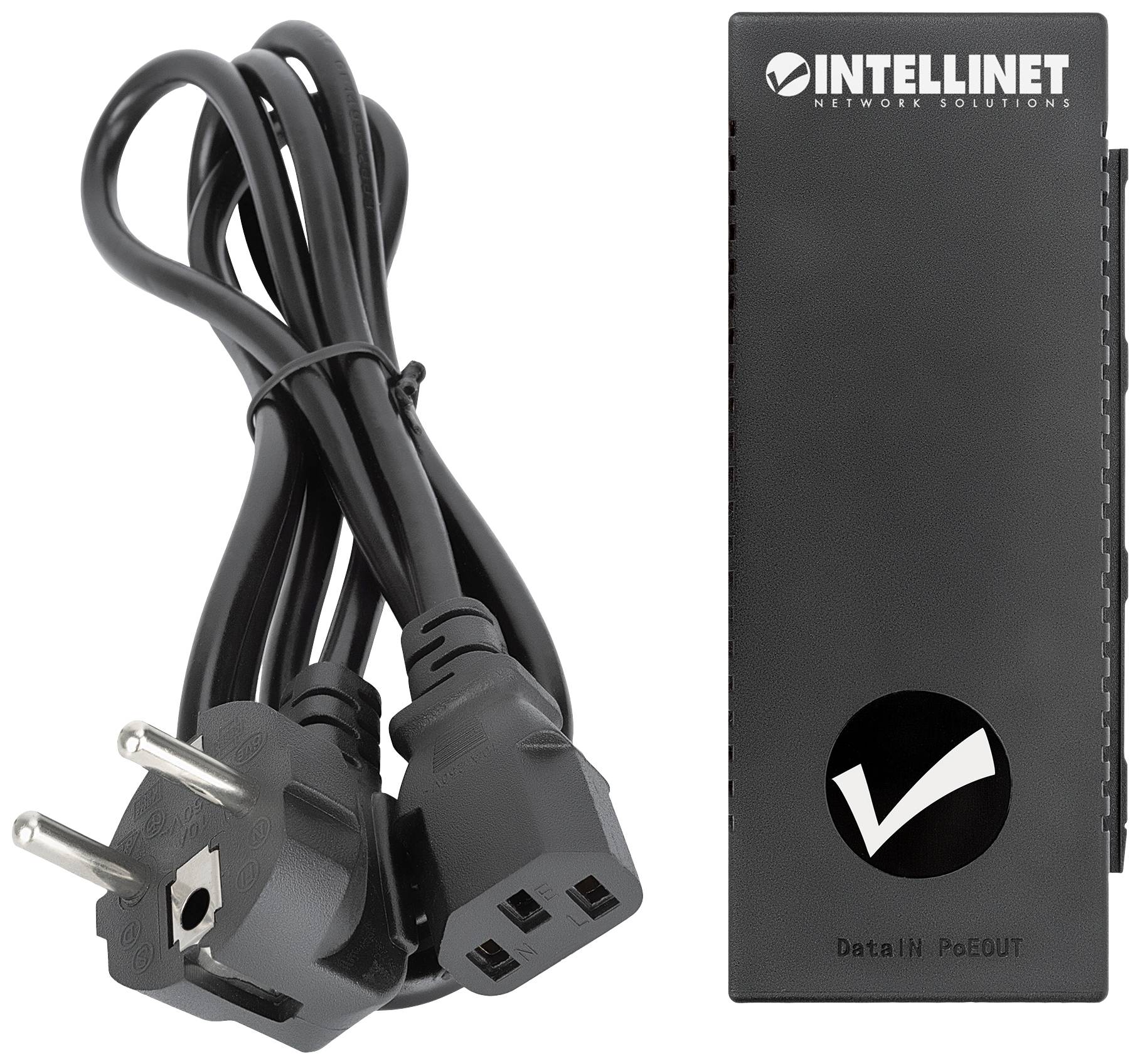 'Intellinet Network Solutions' Power-over-Ethernet-Gerät mit Netzkabel. Gerät ist schwarz und rechteckig mit Markierungsabzeichen.