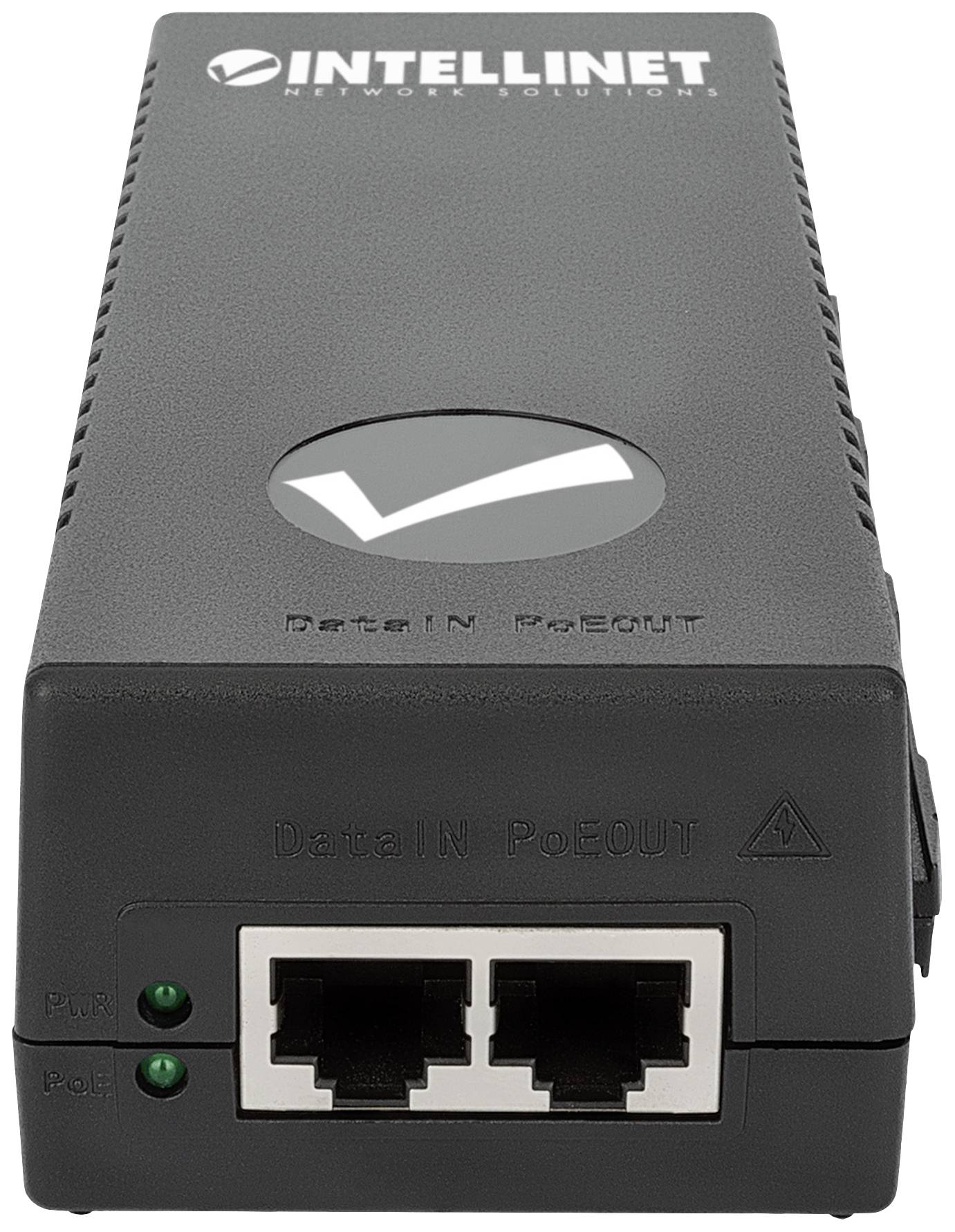 Schwarzer Intellinet PoE-Injektor mit zwei Ethernet-Ports und zwei grünen LED-Anzeigen. Oben ist das Intellinet-Logo sichtbar.