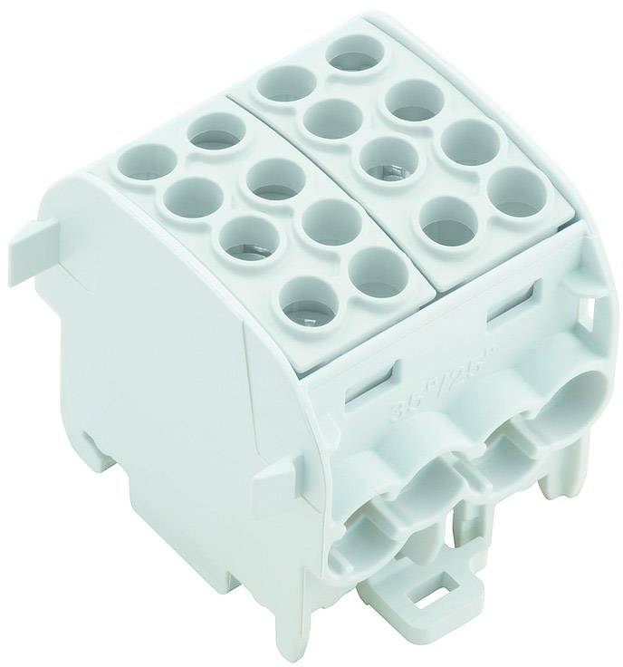 Weiße Kunststoffanschlussklemme mit mehreren Steckplätzen zur elektrischen Verdrahtung, quadratische Form, seitlich geöffnete Anschlüsse.