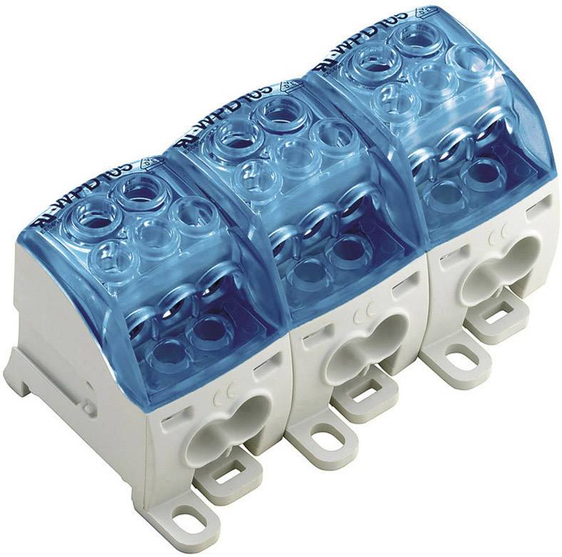Ein weiß-blaues elektrisches Anschlussklemmenmodul mit drei getrennten Bereichen zur Kabelverbindung und Befestigungslöchern.