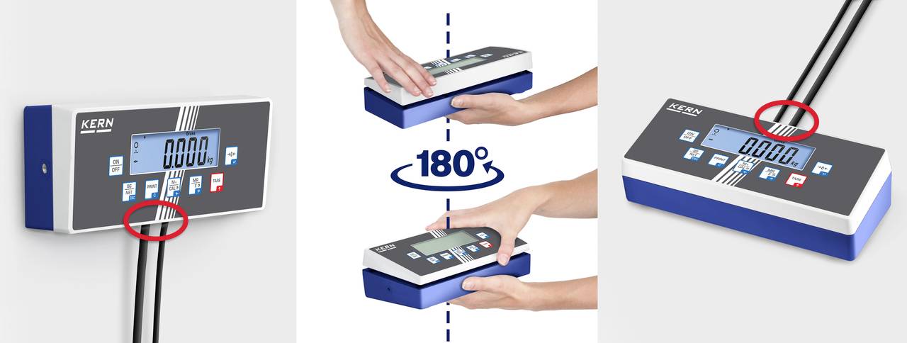 Digitalwaage mit drehbarem Display. Links: Wandhalterung, Display zeigt '0.000'. Mitte: Pfeil zeigt Drehung um 180 Grad. Rechts: Display horizontal ausgerichtet.