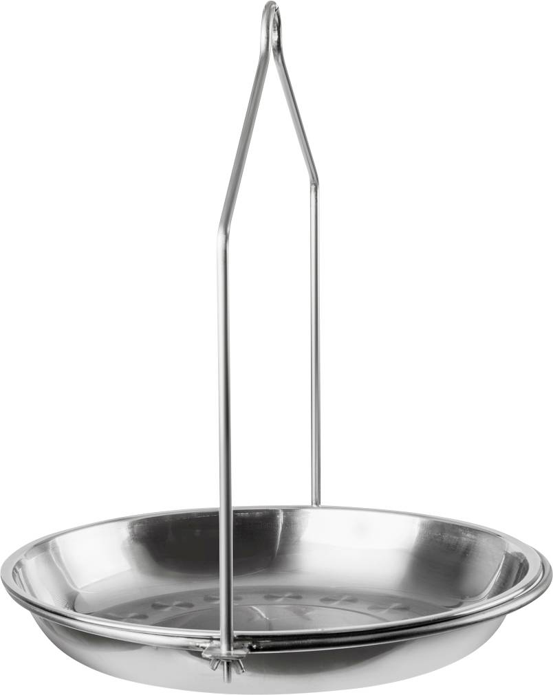 Silberne Schaukelwaage aus Metall mit einer runden, tiefen Schale, aufgehängt an einem Haken. Ideal für präzises Wiegen.