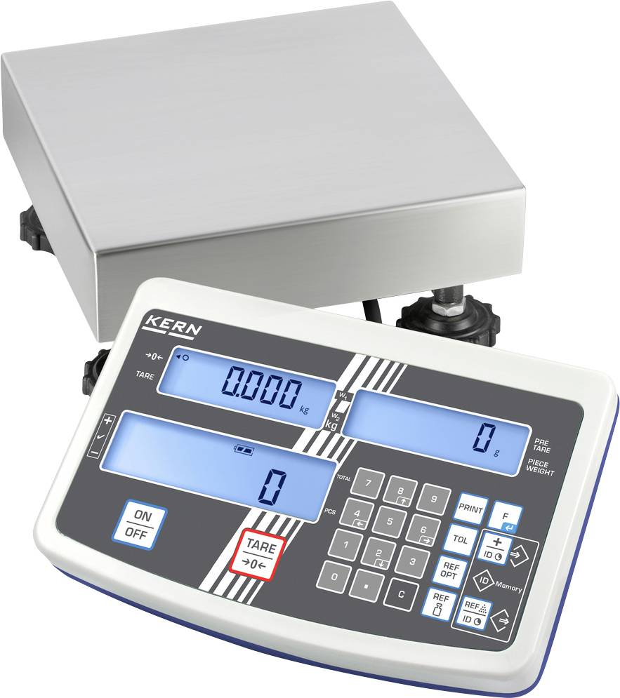 Digitalwaage mit Edelstahlplattform und LCD-Anzeige. Zeigt '0.000 kg'. Tasten zur Bedienung wie 'TARE' und 'ON/OFF' vorhanden.