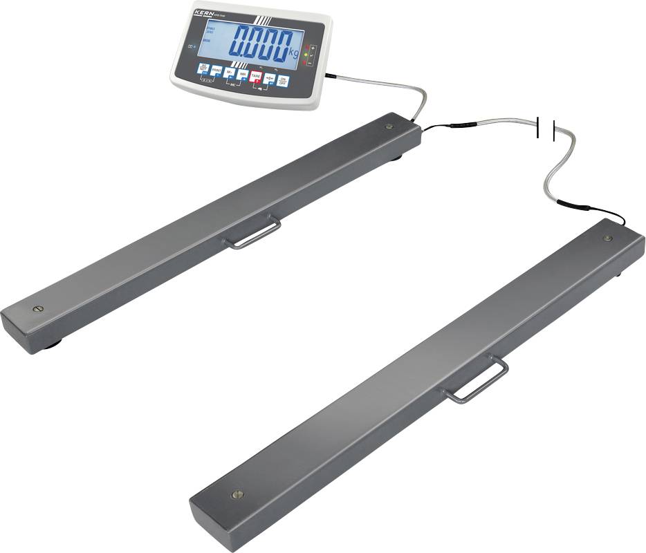 Zwei graue Wiegebalken verbunden mit einem digitalen Display, das '0.000 kg' anzeigt. Geeignet für das Wiegen großer Objekte.