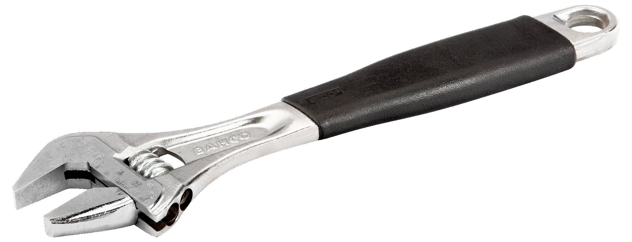 Ein verstellbarer Schraubenschlüssel mit einem Metallgehäuse und schwarzem Gummigriff, entwickelt zum Greifen und Drehen verschiedener Größen von Muttern und Schrauben.