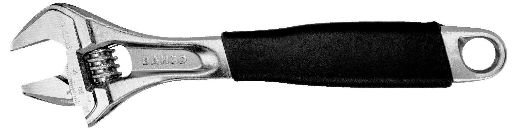 Verstellbarer Schraubenschlüssel mit schwarzem Griffgriff, der Abstufungen am Maul zur präzisen Messung aufweist.