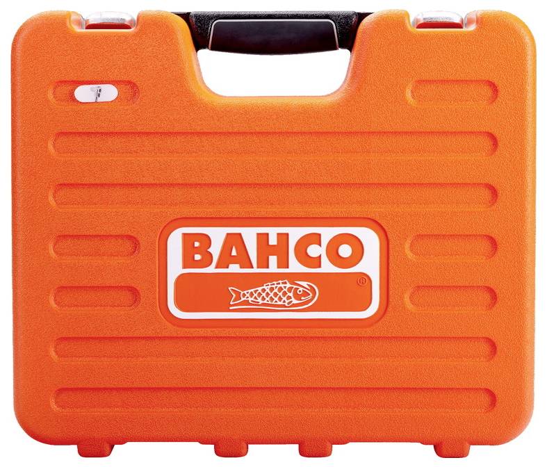 Ein orangefarbener Bahco-Werkzeugkasten mit schwarzem Griff, mit dem Firmenlogo der Marke, einem Fisch, und dem Wort 