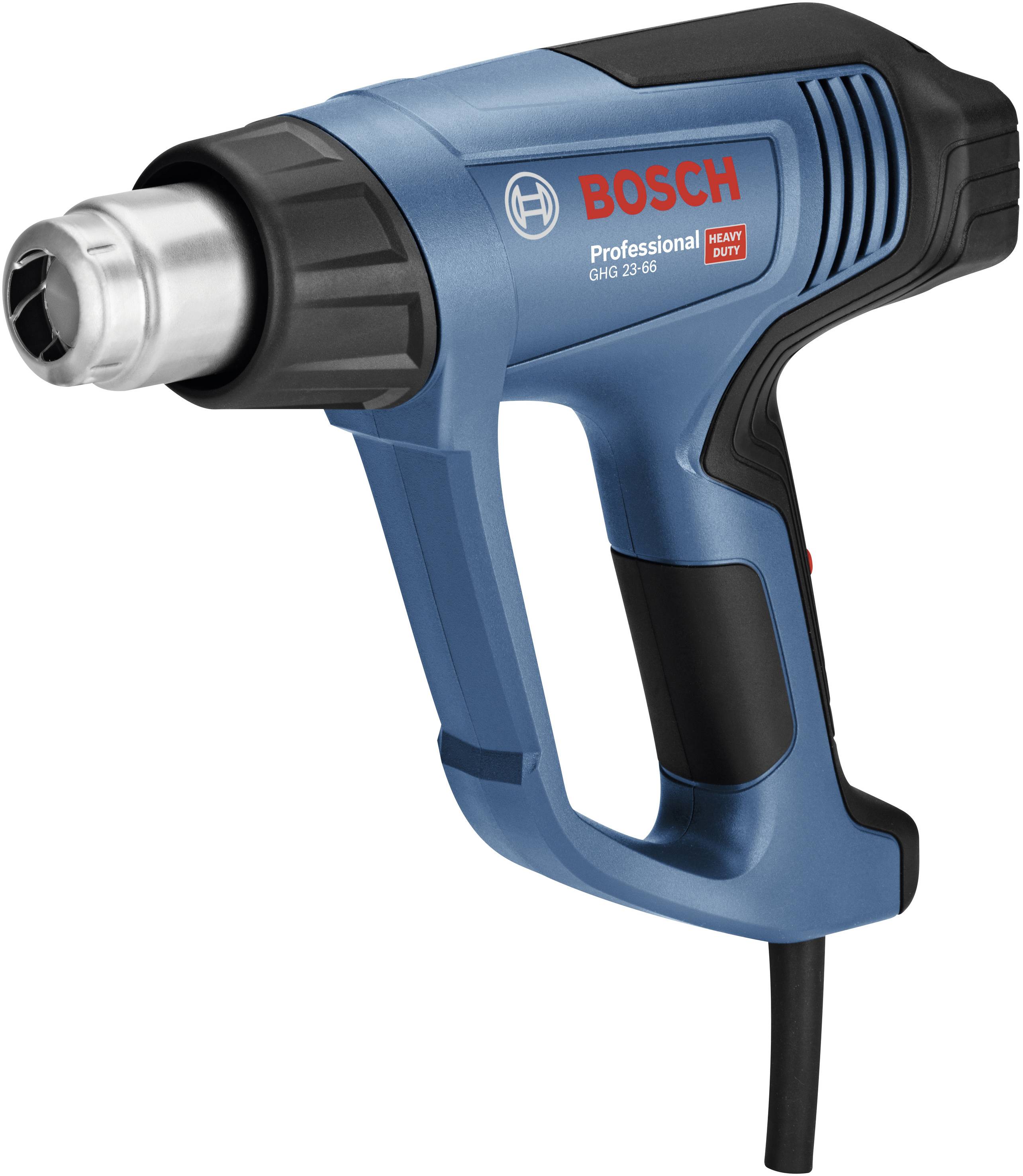 Heißluftpistole mit blauem Gehäuse, schwarzem Griff und rotem 'Bosch Professional'-Logo seitlich. Modellnummer: GHG 23-66.