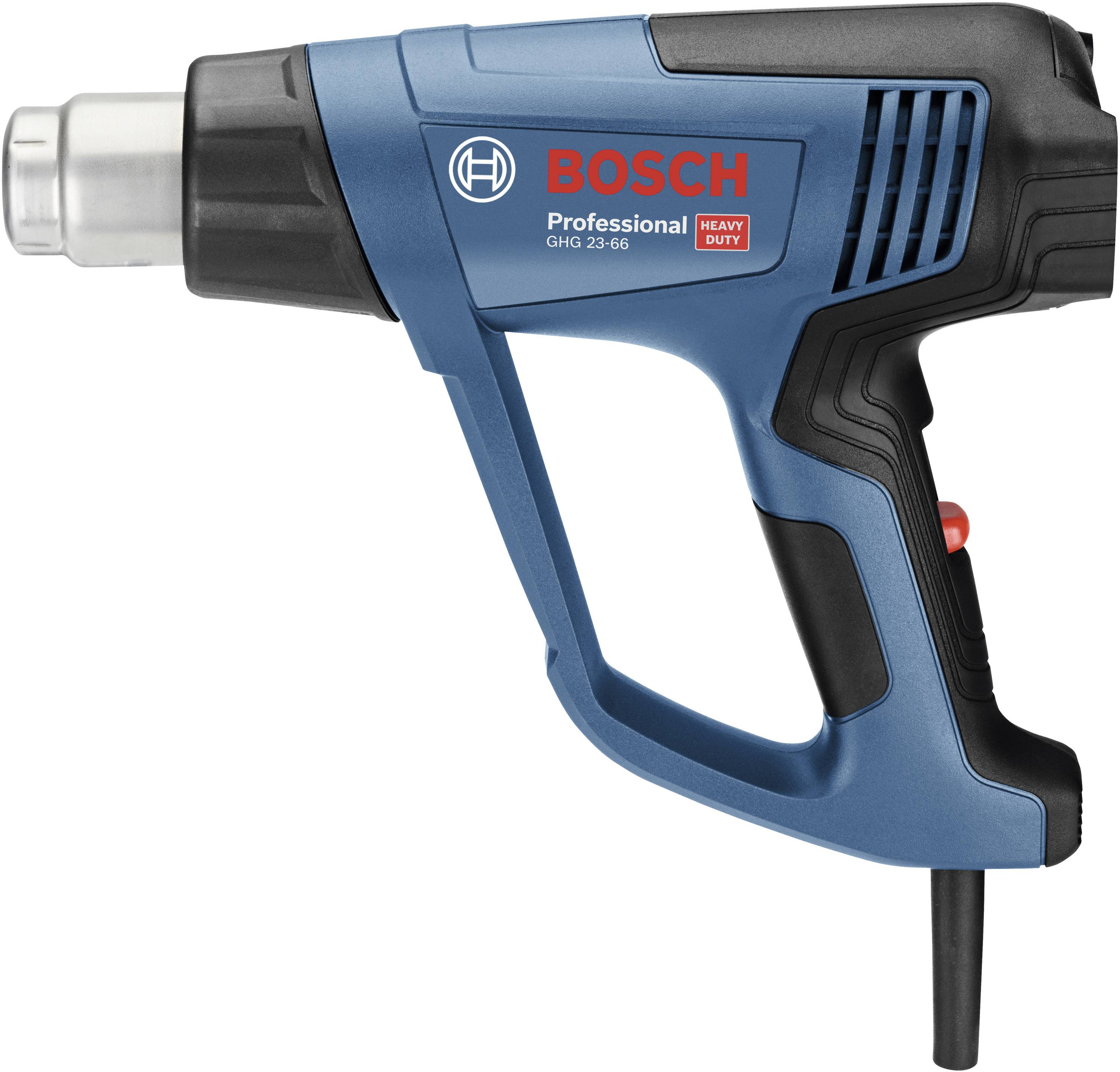 Eine blaue Bosch-Heißluftpistole 'Professional GHG 23-66' mit rotem Highlight und Netzkabel, seitlich abgebildet.