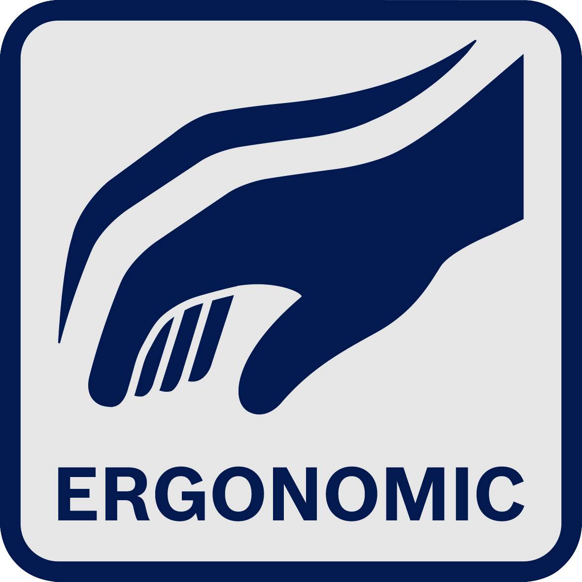Eine stilisierte Hand, die einen Gegenstand hält, mit dem Text 'ERGONOMIC' darunter. Symbolisiert ergonomisches Design.