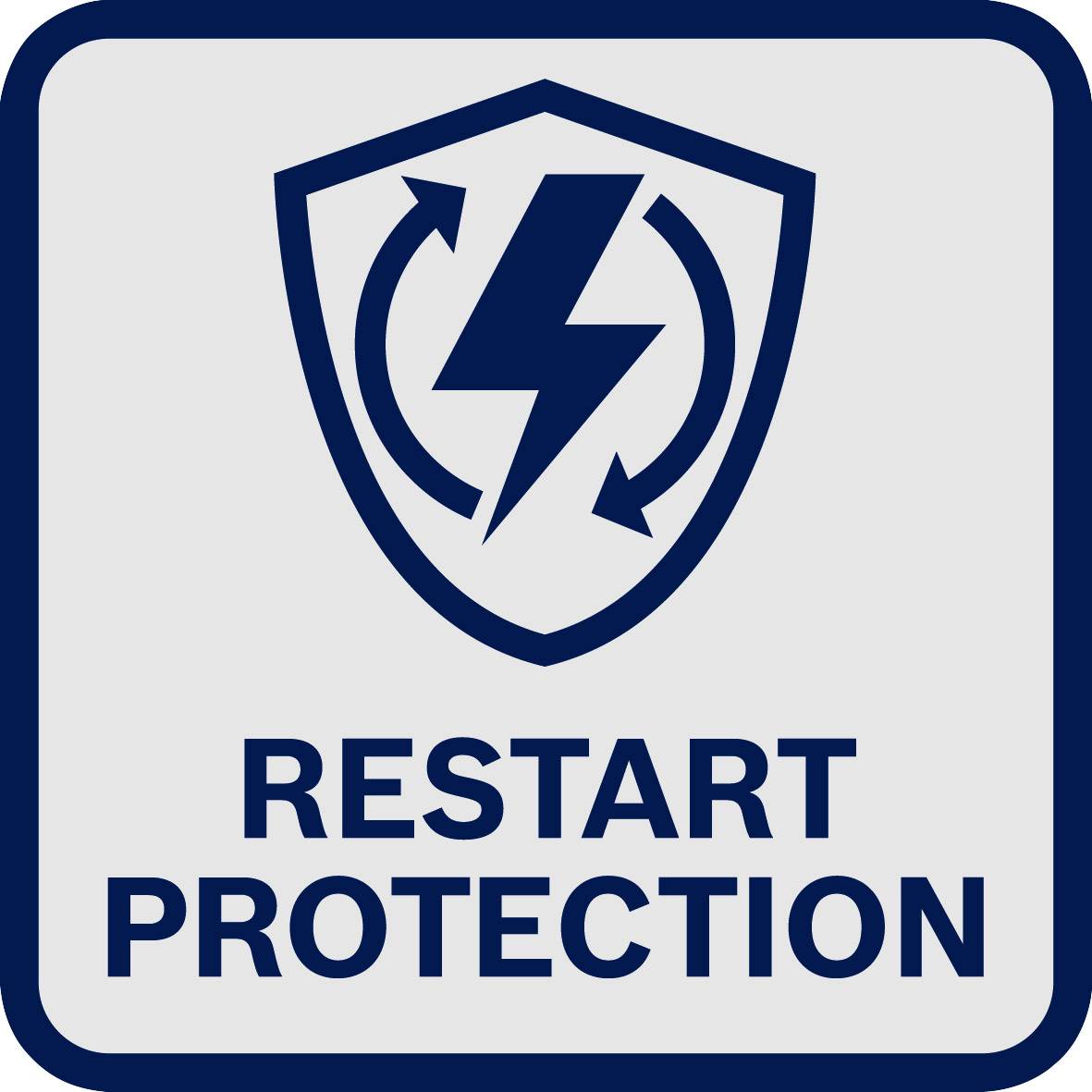 Das Bild zeigt ein Schild mit dem Text 'Restart Protection' und einem Blitzsymbol in einem kreisförmigen Pfeil.