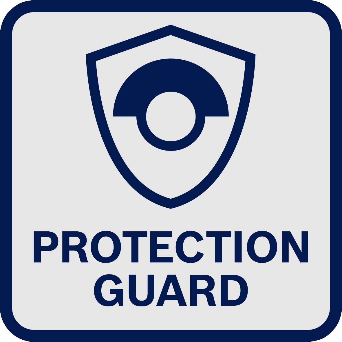 Ein graues Schild mit einem blauen Schutzschild-Symbol und der Aufschrift 'Protection Guard'.