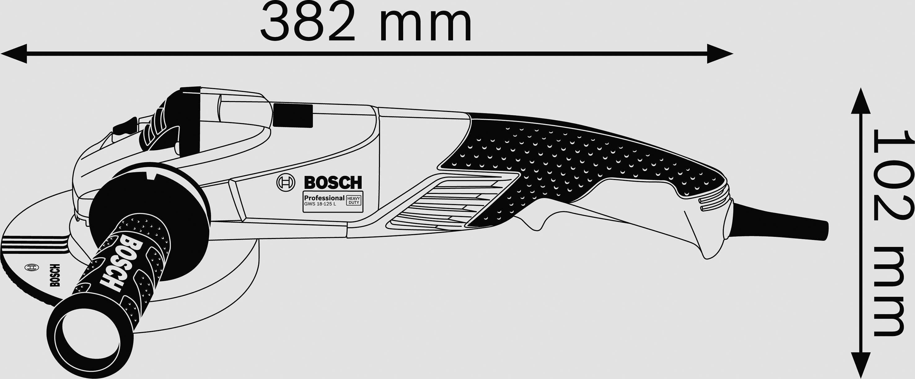Ein Winkelschleifer der Marke Bosch mit den Maßen 382 mm Länge und 102 mm Höhe.