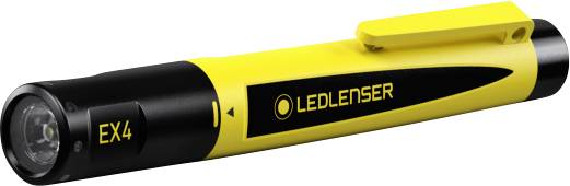 Eine gelb-schwarze LED-Taschenlampe mit Clip und der Aufschrift 'LEDLENSER EX4', geeignet für den Einsatz in explosionsgefährdeten Bereichen.