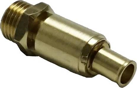 Ein goldfarbener Messinganschluss oder Adapter mit Gewinde und glatter Verbindungsfläche, vermutlich für industrielle Anwendungen.