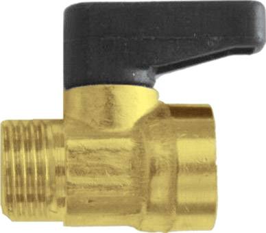 Messingventil mit schwarzem Hebel, Gewindeanschluss auf der einen Seite, glattes Ende auf der anderen Seite, häufig für Wasserrohre verwendet.